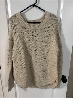 Light Cream Open-Knit Crewneck Sweater